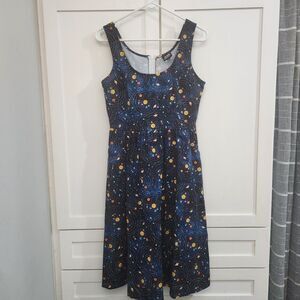 Retrolicious Space Print Dress Small Cosmic Galaxy Planet Sleeveless Fit & Flare